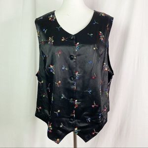 Vintage Black Satin Multicolored Flower Embroidered Button Front Vest XL